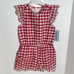 Toddler Girl’s Red & White Gingham Print Romper w/ Eyelet Detailing and Pockets